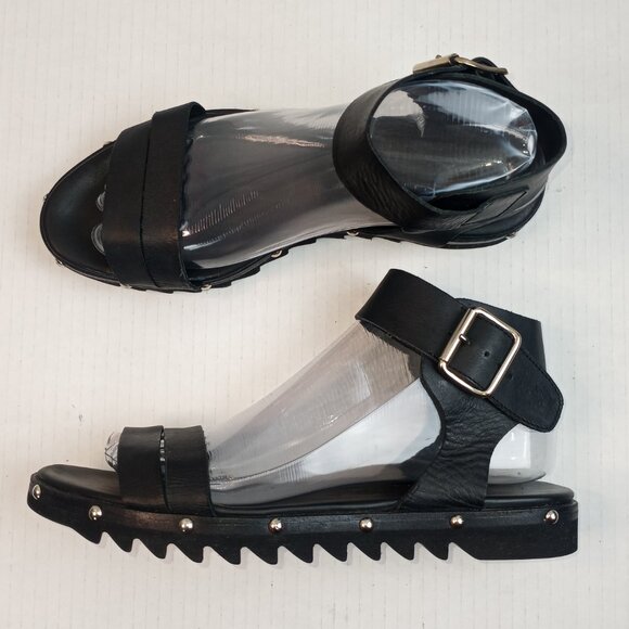 AGL Black Leather Studded Ankle Strap Sandals